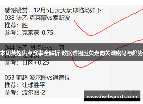 本周英超焦点赛事全解析 数据透视胜负走向关键密码与趋势