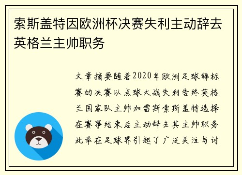 索斯盖特因欧洲杯决赛失利主动辞去英格兰主帅职务