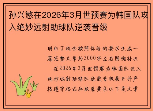 孙兴慜在2026年3月世预赛为韩国队攻入绝妙远射助球队逆袭晋级