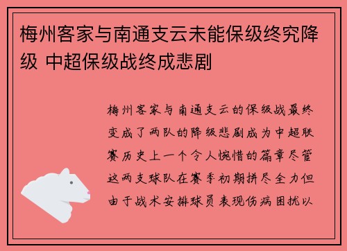 梅州客家与南通支云未能保级终究降级 中超保级战终成悲剧 梅州客家与南通支云未能保级终究降级 中超保级战终成悲剧